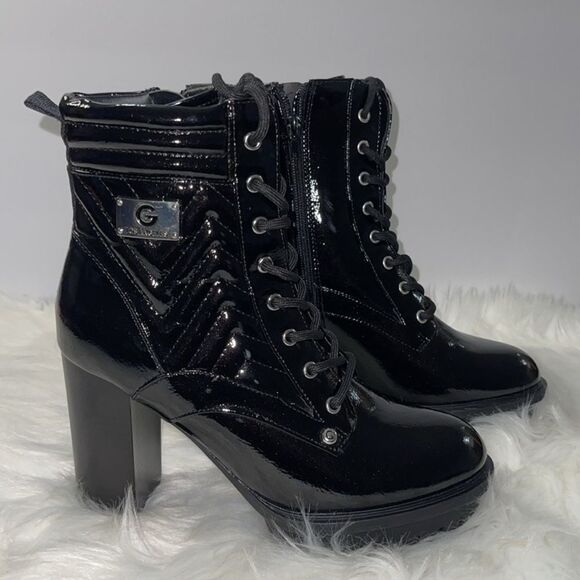 Guess women’s Lace Up Combat Patent Platforms Boots Quilted Chunky Block Heeled - Picture 1 of 10